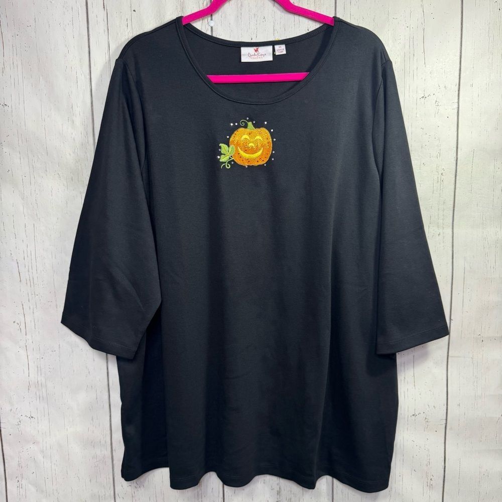 Quacker Factory Black Halloween Pumpkin Sequin Top Plus Size 3X Fall Holiday